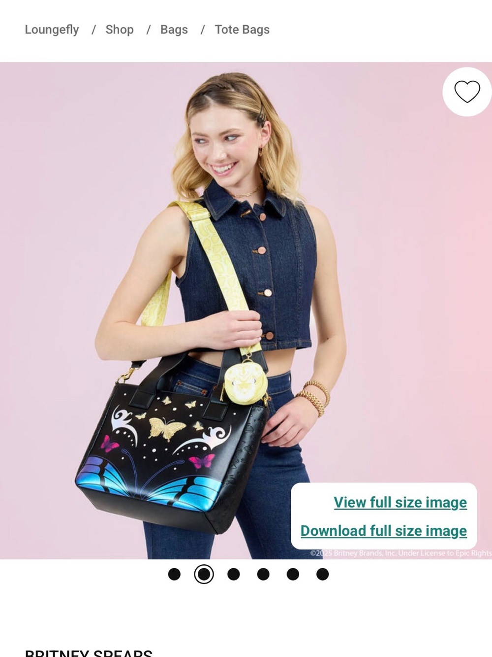 Loungefly Black Tote with Blue & Purple Butterfly Accents and Yellow Strap